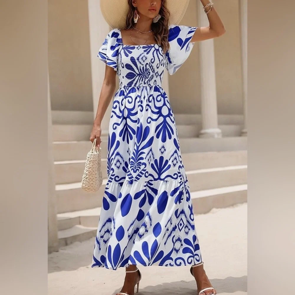 EFJONE Blue & White Allover Print Stretch Top Layer Sleeve Tiered Greek Dress XL - Picture 1 of 9